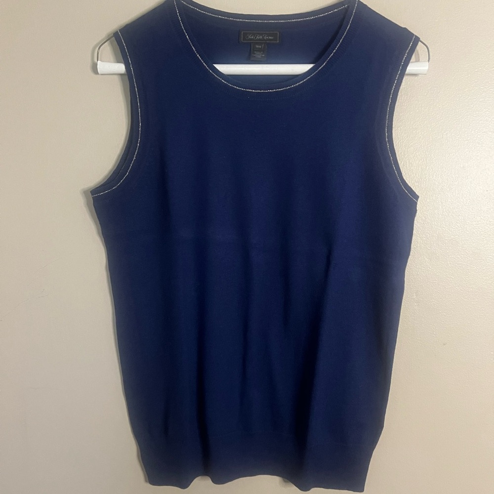 Saks Fifth Avenue M Navy Knit Tank w/ Silver Trim EUC